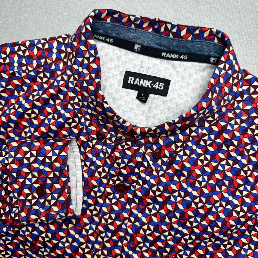 Rank 45 Button Down Shirt Mens Large Multicolor Geometric Mosaic Long Sleeve